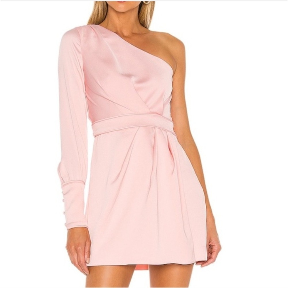 NBD Pink One Shoulder Long Sleeve Satin Mini Dress XS Blush Asymmetrical Pleated